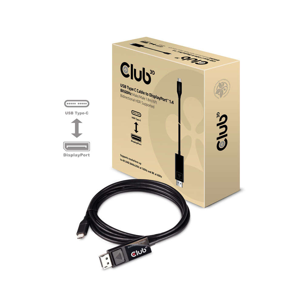 CLUB3D - 1.8m USB Type-C To DisplayPort 1.4 mm Bi-Directional Cable - CLUB3D - 1.8m USB Type-C To...