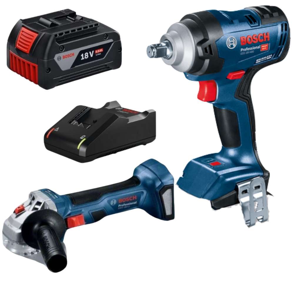 Bosch - Cordless Impact Wrench, Angle Grinder with 4Ah Batteries & Charger - Bosch - Cordless Imp...