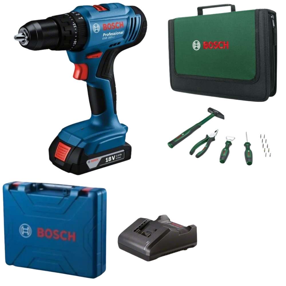 Bosch - Cordless Impact Drill with Battery, Charger & 14Pcs Hand Tool Set - Bosch - Cordless Impa...