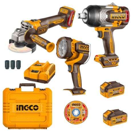 Ingco - Cordless Wrench, Angle Grinder, Work Light, Batteries & Charger Kit - Ingco - Cordless Wr...