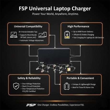 FSP - NB PRO 90W Universal Laptop Adapter - Black - FSP - NB PRO 90W Universal Laptop Adapter - B...