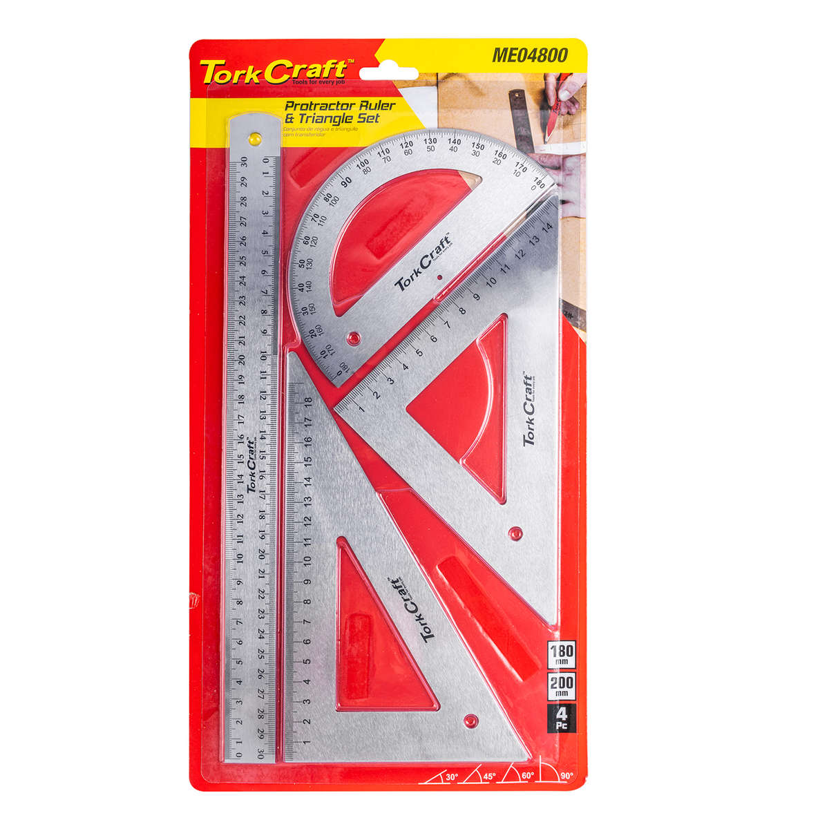 Tork Craft - Protractor Ruler & 2 X Traingle Set 4Pc - Tork Craft - Protractor Ruler & 2 X Traing...