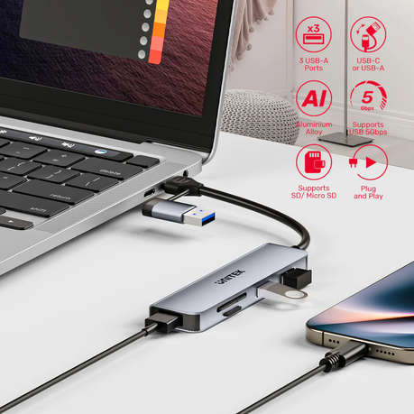 Unitek - uHUB P5+ 5-in-1 USB 5Gbps Hub with SD and Micro SD Card Reader - Unitek - uHUB P5+ 5-in-...