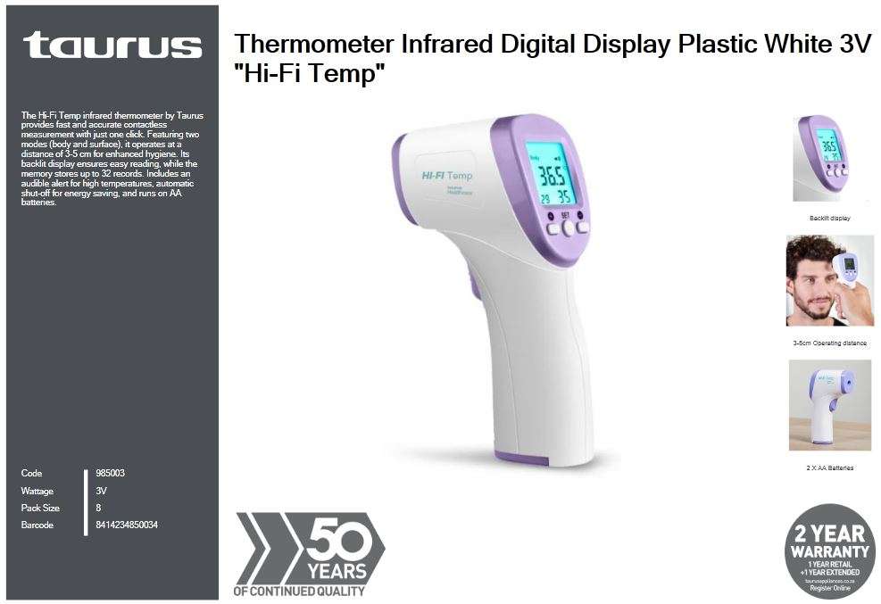Taurus - Thermometer Infrared Digital Display Plastic White 3V "Hi-Fi Temp" - Taurus - Thermomete...