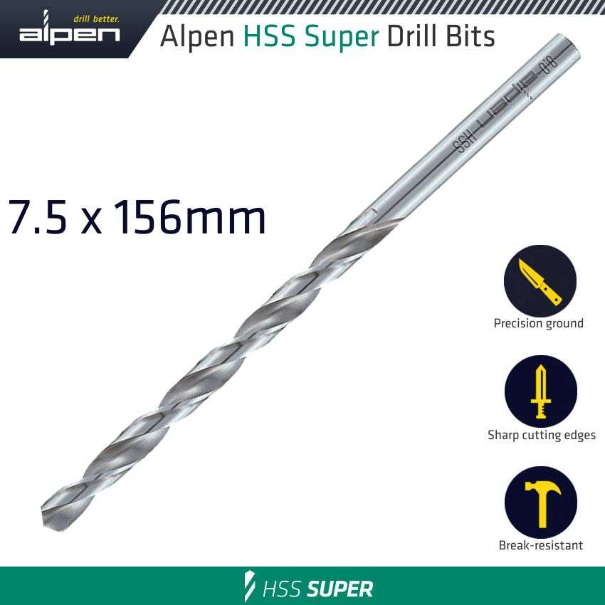 Alpen - Hss Drill Bit Long 7.5 X 156mm Bulk - Alpen - Hss Drill Bit Long 7.5 X 156mm Bulk