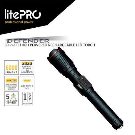 LitePro 80W High Powered Rechargeable LED Torch (6000 Lumens) - Black - LitePro 80W High Powered ...