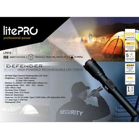 LitePro 80W High Powered Rechargeable LED Torch (6000 Lumens) - Black - LitePro 80W High Powered ...