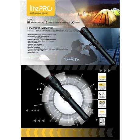 LitePro 80W High Powered Rechargeable LED Torch (6000 Lumens) - Black - LitePro 80W High Powered ...