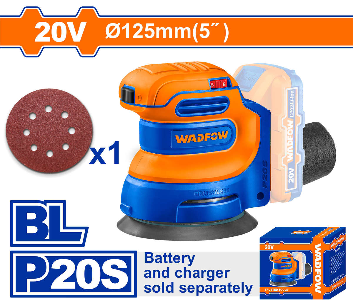 Wadfow - Cordless Brushless Random Orbit Sander (20V) - Tool Only - Wadfow - Cordless Brushless R...