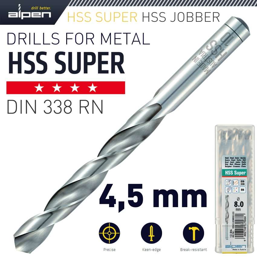 Alpen - Hss Super Drill Bit 4.5mm Bulk - Alpen - Hss Super Drill Bit 4.5mm Bulk