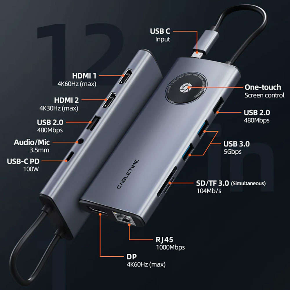 Cabletime - 12 IN 1 USB C Hub with 2 HDMI 1 DisplayPort for Laptop - Cabletime - 12 IN 1 USB C Hu...