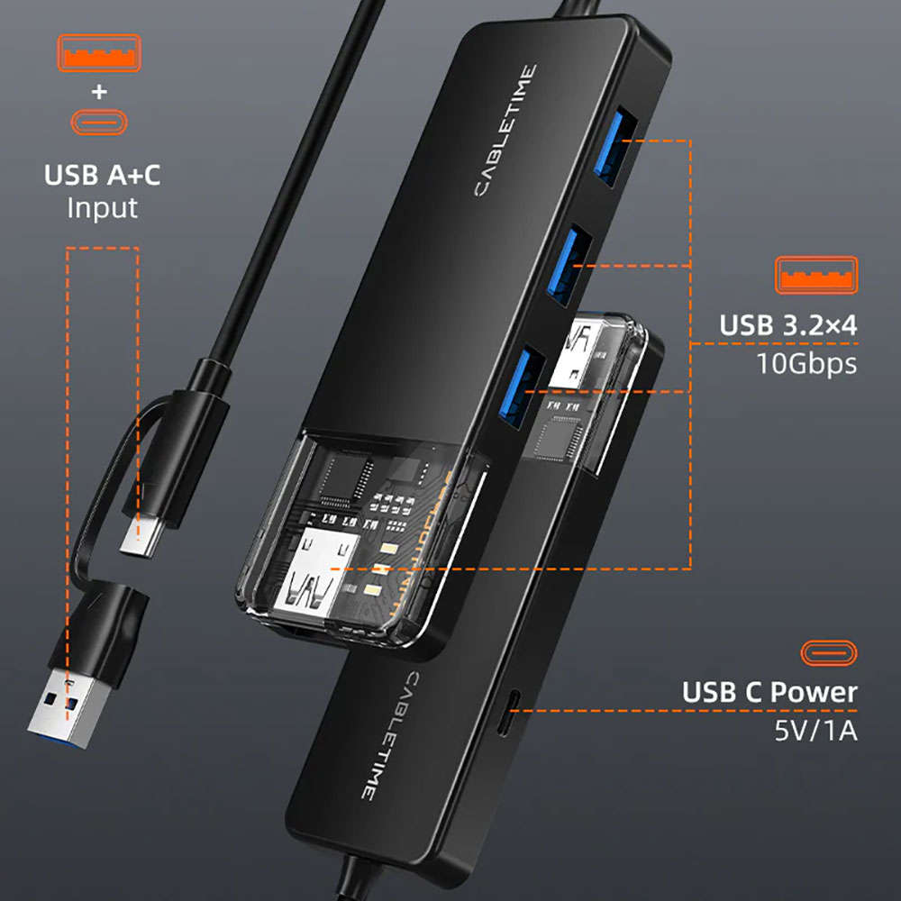 Cabletime - Cb05B 20cm 4-Port Usb3.2 10Gbps Hub With USB Type-C/A Adapter (Ct-Hubt5-Pb) - Cableti...