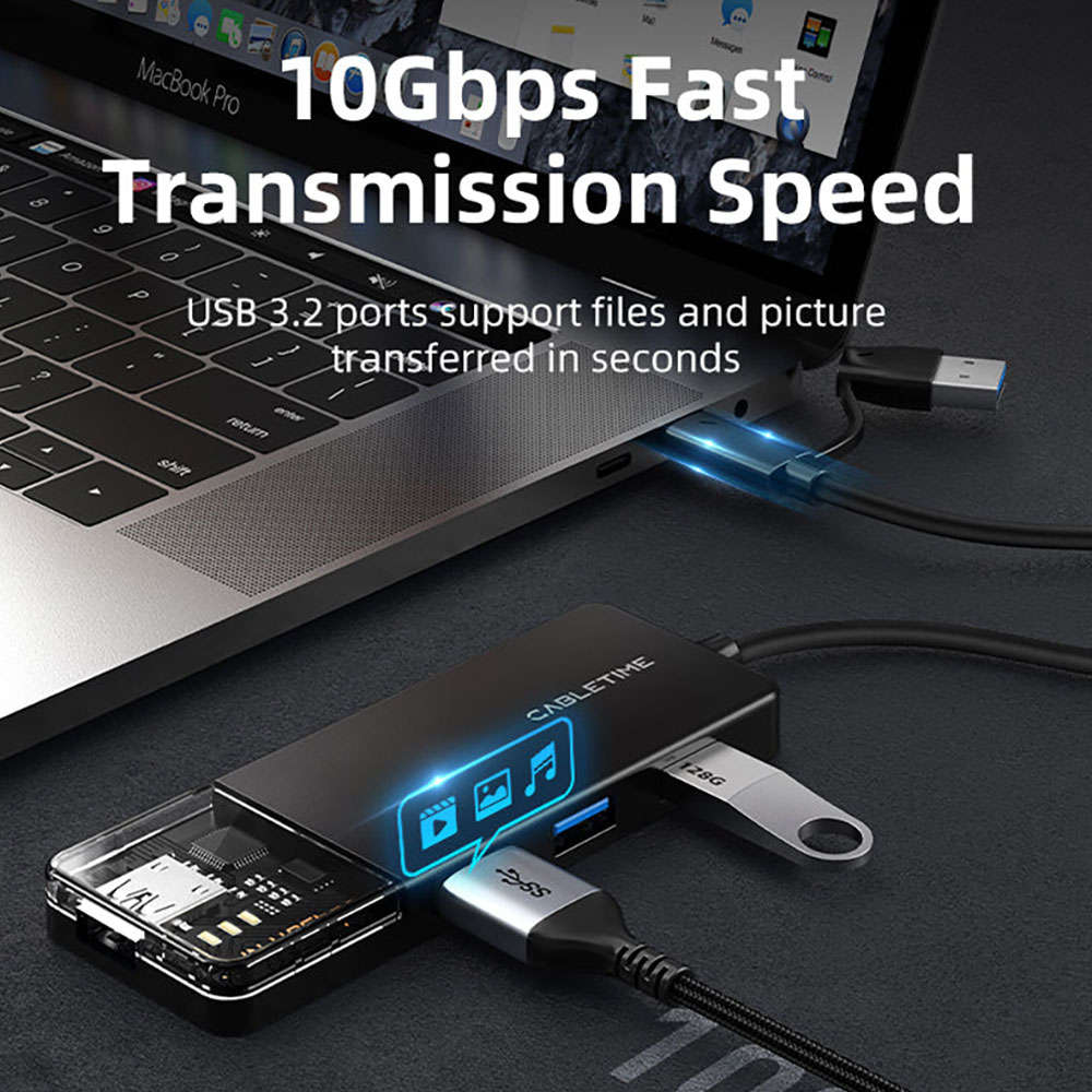 Cabletime - Cb05B 20cm 4-Port Usb3.2 10Gbps Hub With USB Type-C/A Adapter (Ct-Hubt5-Pb) - Cableti...