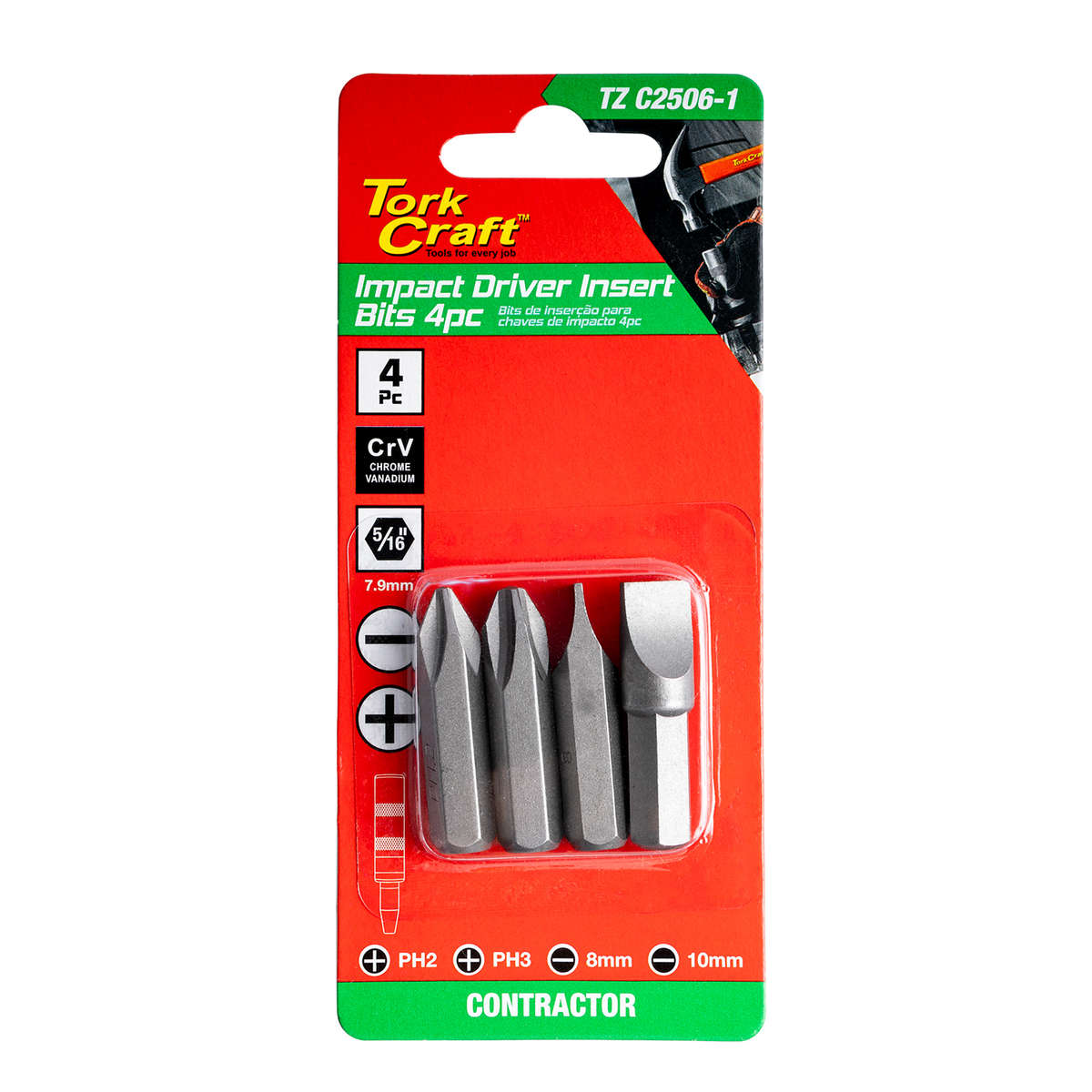 Tork Craft - Impact Driver Insert Bits 4Pc 5/16' Ph2/Ph3/Sl8mm/Sl10mm - Tork Craft - Impact Drive...