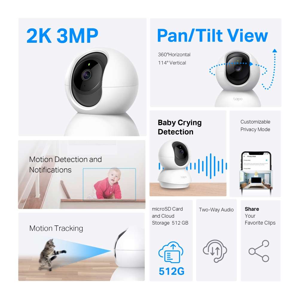 Tp-Link - Tapo C210P2 (2-Pack) Pan/Tilt 2K 3MP Wi-Fi Security Camera - Tp-Link - Tapo C210P2 (2-P...