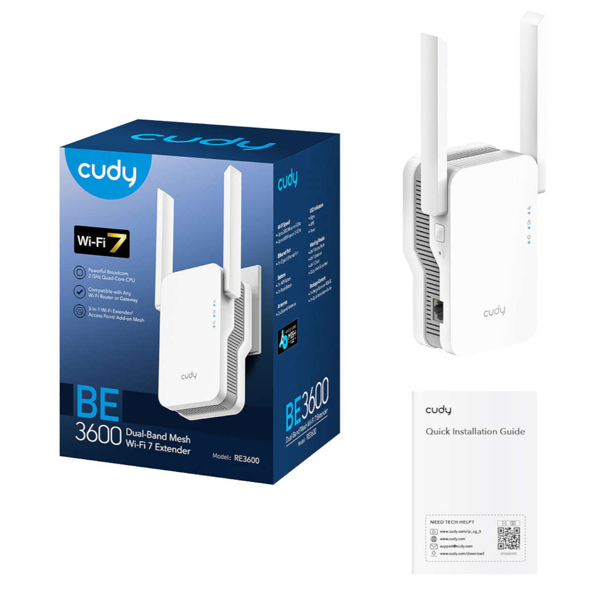 Cudy - BE3600 Dual-Band Wi-Fi 7 Mesh Range Extender (Wall Plug) - White - Cudy - BE3600 Dual-Band...