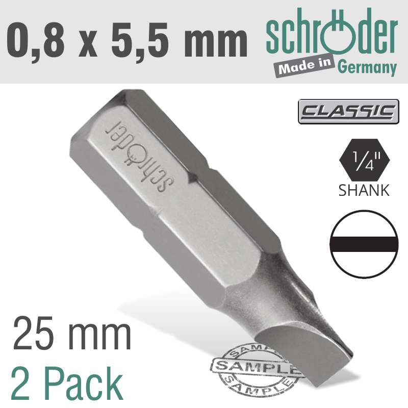 SCHRODER - Slotted Bit 0.8X5.5mm 25mm 2Cd - SCHRODER - Slotted Bit 0.8X5.5mm 25mm 2Cd