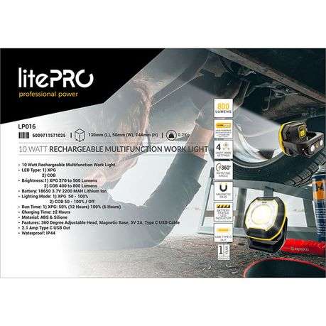 LitePro 10W Rechargeable Multifunction Work Light (800 Lumens) - Black - LitePro 10W Rechargeable...