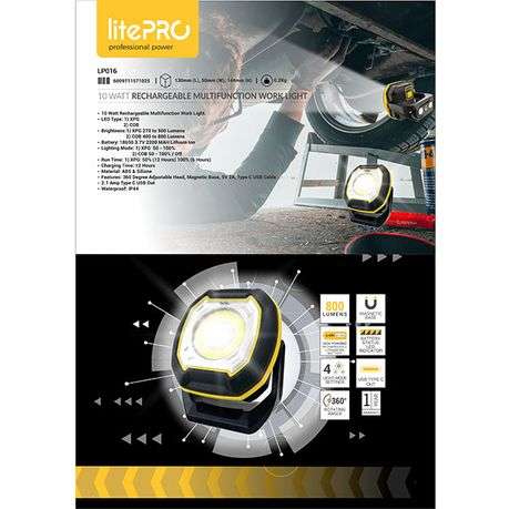 LitePro 10W Rechargeable Multifunction Work Light (800 Lumens) - Black - LitePro 10W Rechargeable...