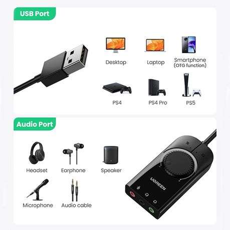 Ugreen - 40964 USB2.0 to 3.5mm External Stereo Sound Adapter-BK - Ugreen - 40964 USB2.0 to 3.5mm ...