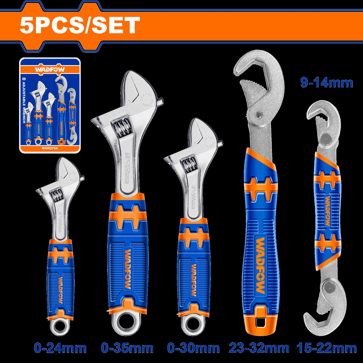 Wadfow - 5 Pieces Drop-Forged Adjustable Wrench Set - Wadfow - 5 Pieces Drop-Forged Adjustable Wr...