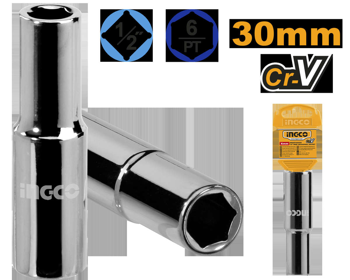 Ingco - Deep HEX Socket - 1/2DR - 6PT - 30mm - Ingco - Deep HEX Socket - 1/2DR - 6PT - 30mm