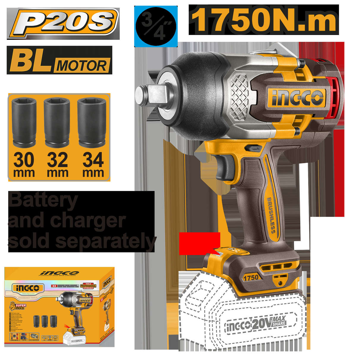 Ingco -Brushless Cordless Impact Wrench (20V ) - 3/4" Drive - Tool Only - Ingco -Brushless Cordle...