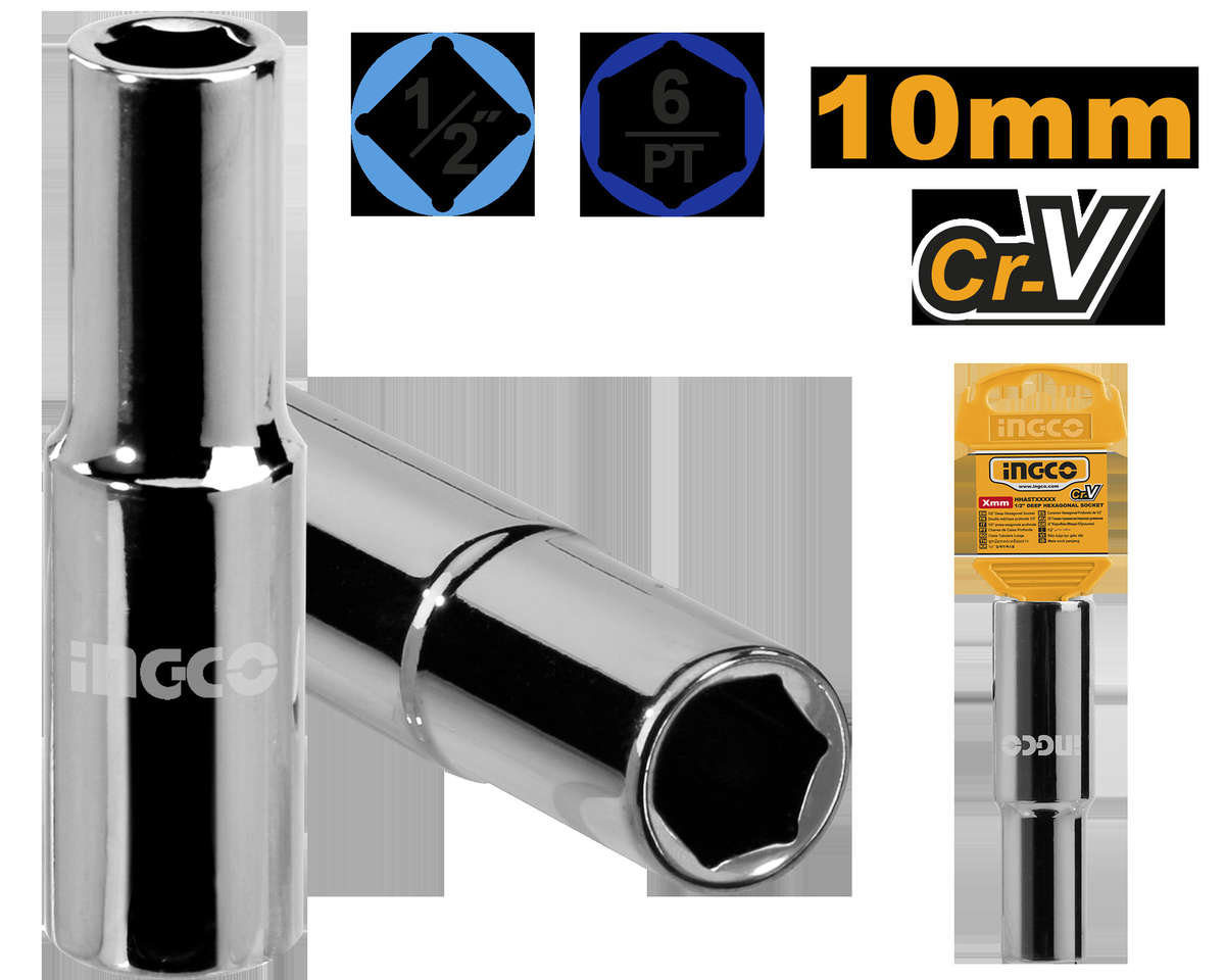 Ingco - Deep HEX Socket - 1/2DR - 6PT - 10mm - Ingco - Deep HEX Socket - 1/2DR - 6PT - 10mm