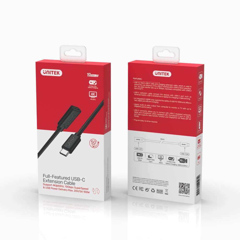 Unitek - 0.5M Usb3.2 Type-C, M-F Ext Cable(C14086Bk) - Unitek - 0.5M Usb3.2 Type-C, M-F Ext Cable...