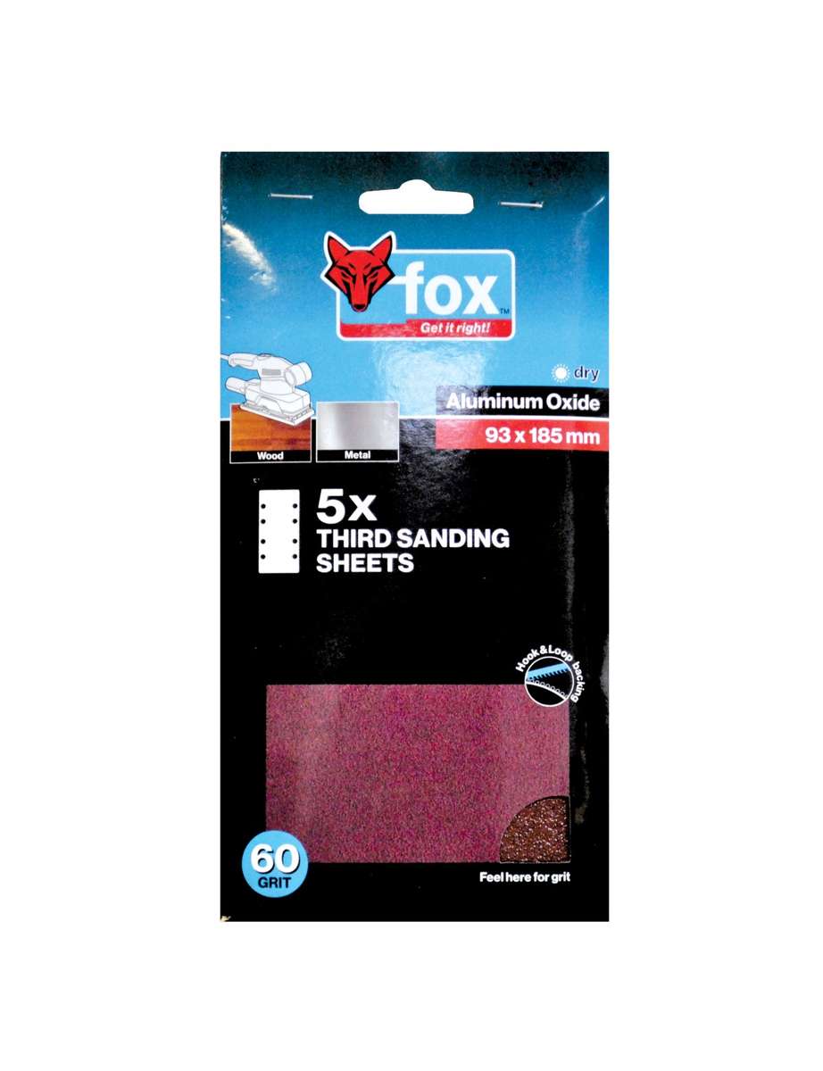 Fox - Sanding Sheet 1/3 Hook & Loop 60G (5) - Fox - Sanding Sheet 1/3 Hook & Loop 60G (5)