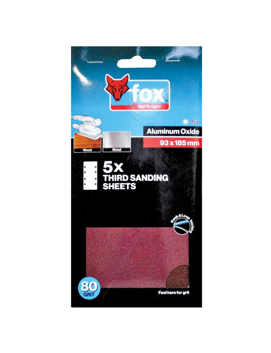 Fox - Sanding Sheet 1/3 Hook & Loop 80G (5) - Fox - Sanding Sheet 1/3 Hook & Loop 80G (5)