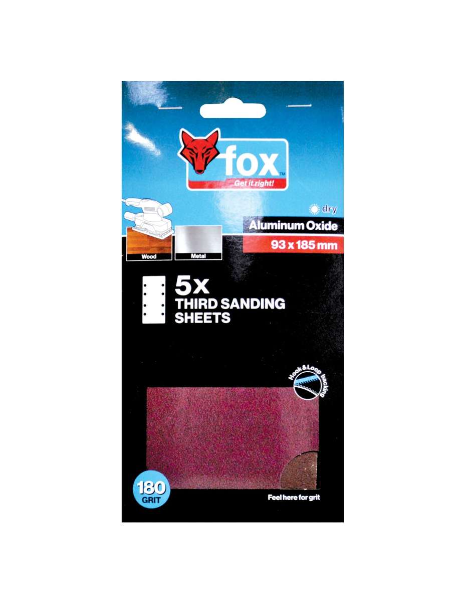 Fox - Sanding Sheet 1/3 Hook & Loop 180G (5) - Fox - Sanding Sheet 1/3 Hook & Loop 180G (5)