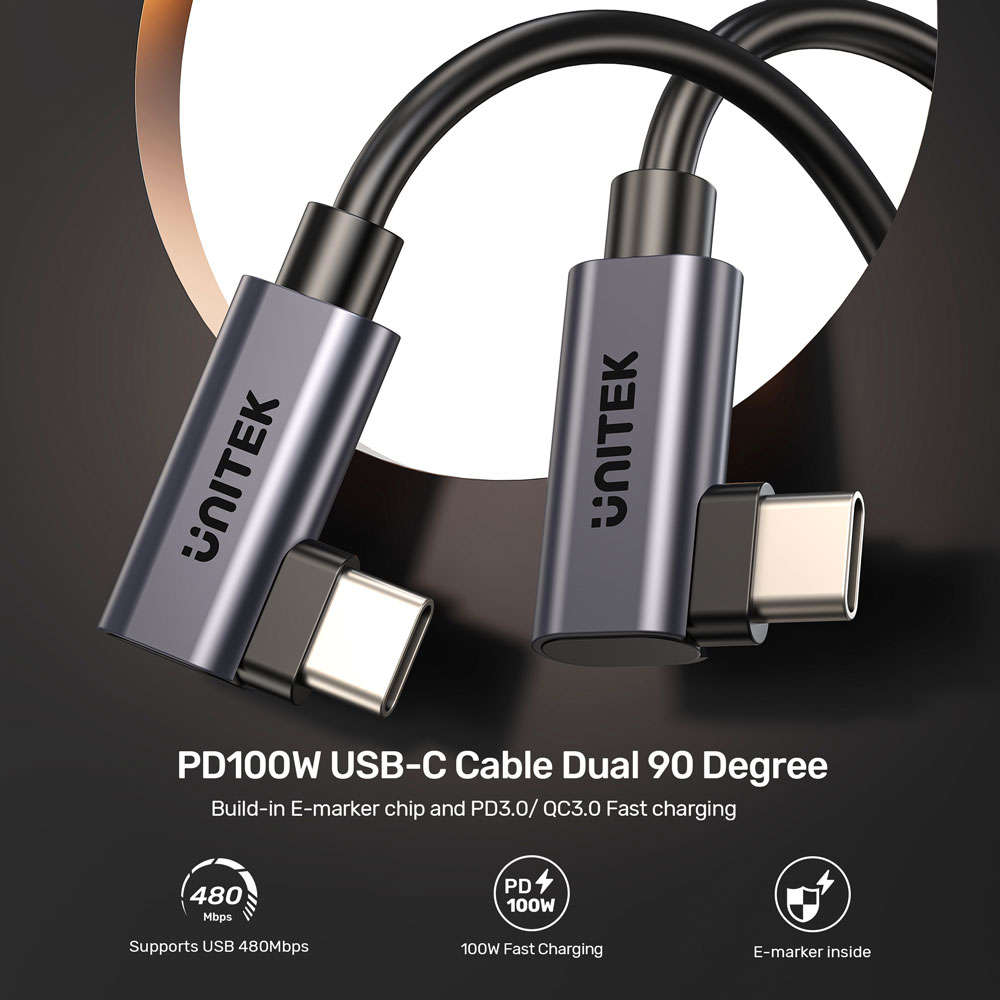 Unitek - C14147A 1M Pd 100W USB Type-C Dual 90-Degree Cable - Unitek - C14147A 1M Pd 100W USB Typ...