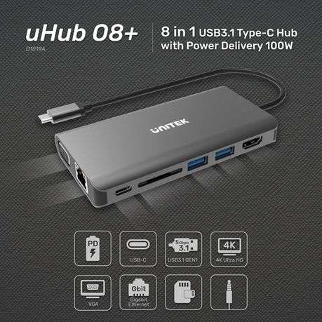 Unitek - USB3 Type-C 8-in-1 Port Replicator with 100W PD - Unitek - USB3 Type-C 8-in-1 Port Repli...
