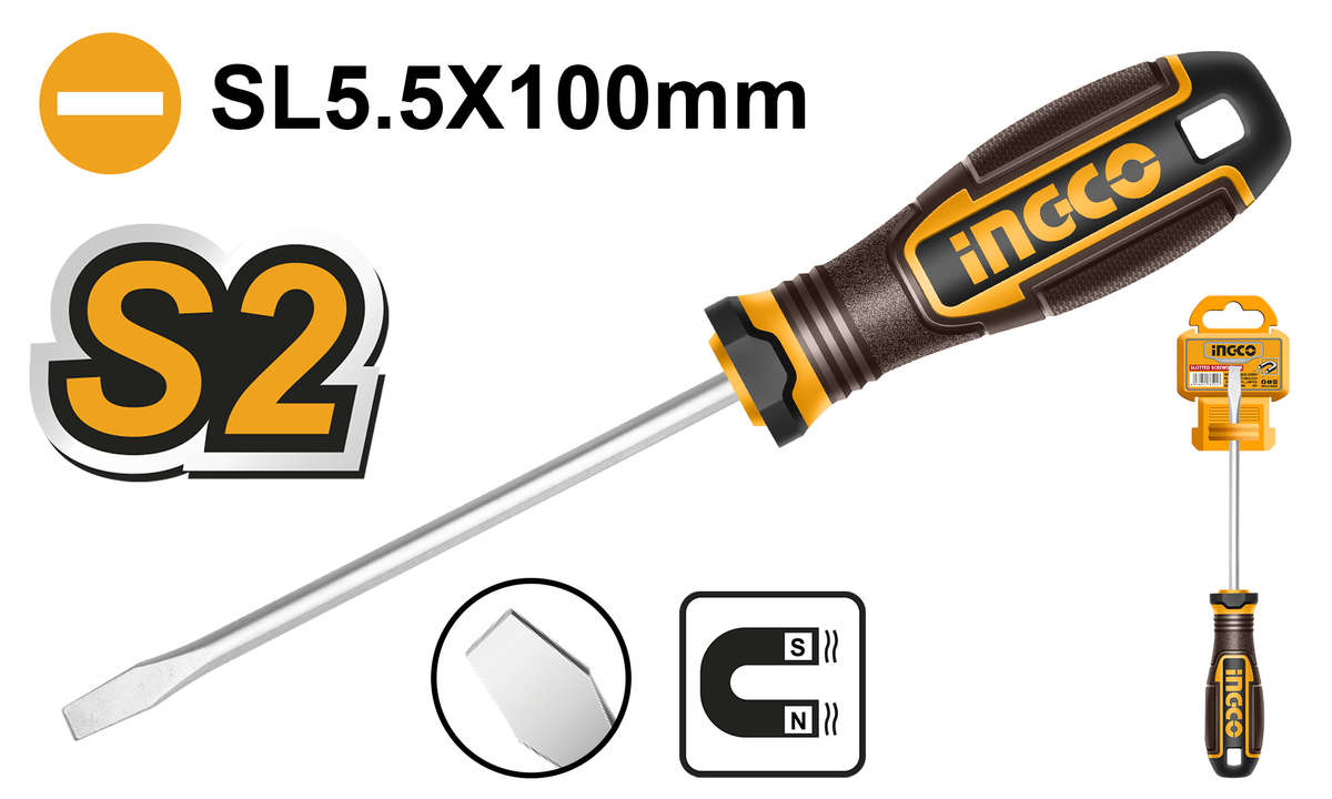 Ingco - Magnetic S2 Slotted Screwdriver (5.5 × 100 mm) - Ingco - Magnetic S2 Slotted Screwdriver...