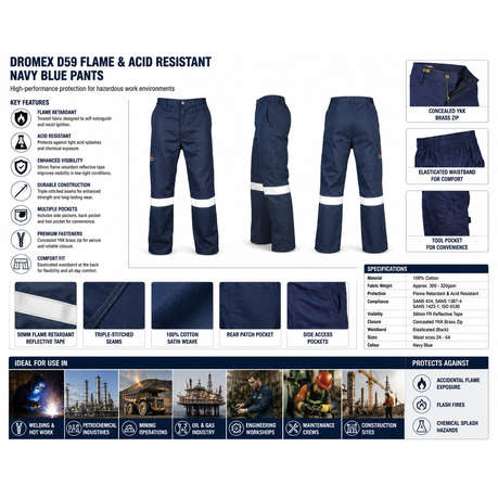 Dromex - D59 Flame And Acid Resistant Navy Blue Pants - EU 32 - Dromex - D59 Flame And Acid Resis...