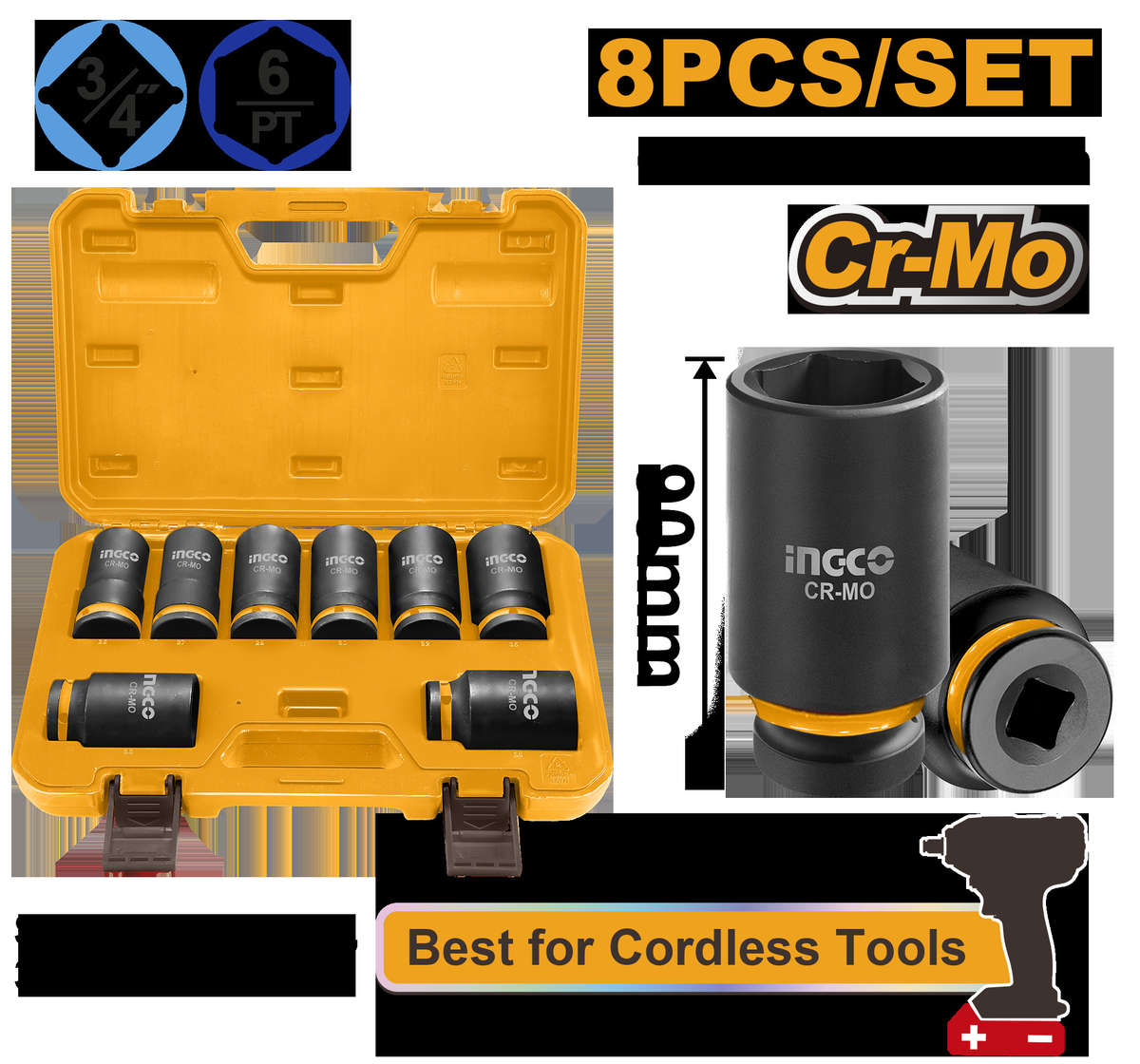 Ingco - Deep Impact Socket Set 3/4'' DR - 8 Pieces - Ingco - Deep Impact Socket Set 3/4'' DR - 8 ...