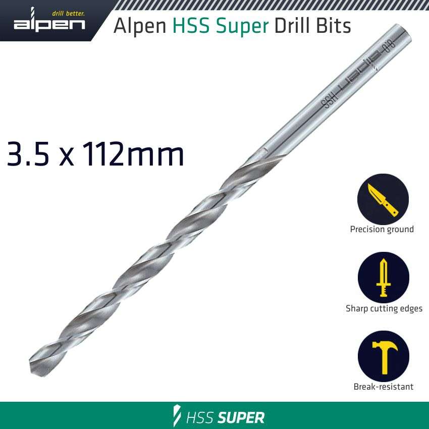 Alpen - Hss Drill Bit Long 3.5 X 112mm Bulk - Alpen - Hss Drill Bit Long 3.5 X 112mm Bulk