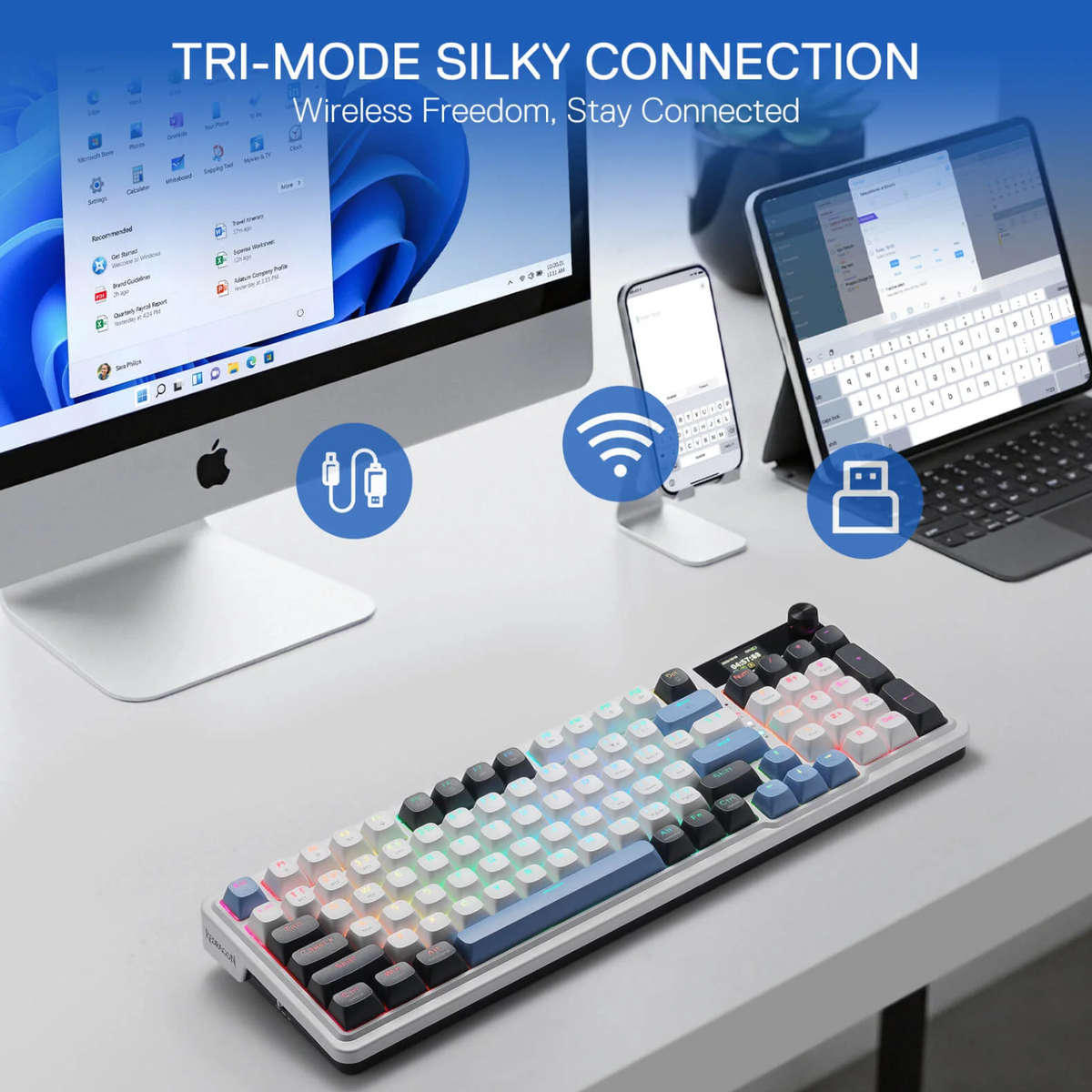 Redragon - K719WGB Galatin RGB PRO Full sized Wireless Gaming Keyboard - White - Redragon - K719W...