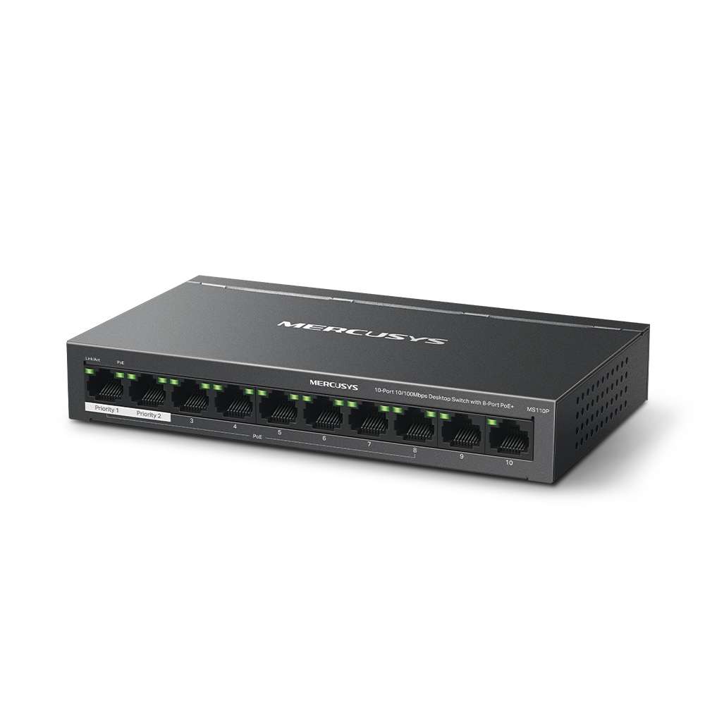 Mercusys - Tp-Link - Mercusys MS110P 10-Port 10/100Mbps Desktop Switch with 8-Port PoE+ - Mercusy...