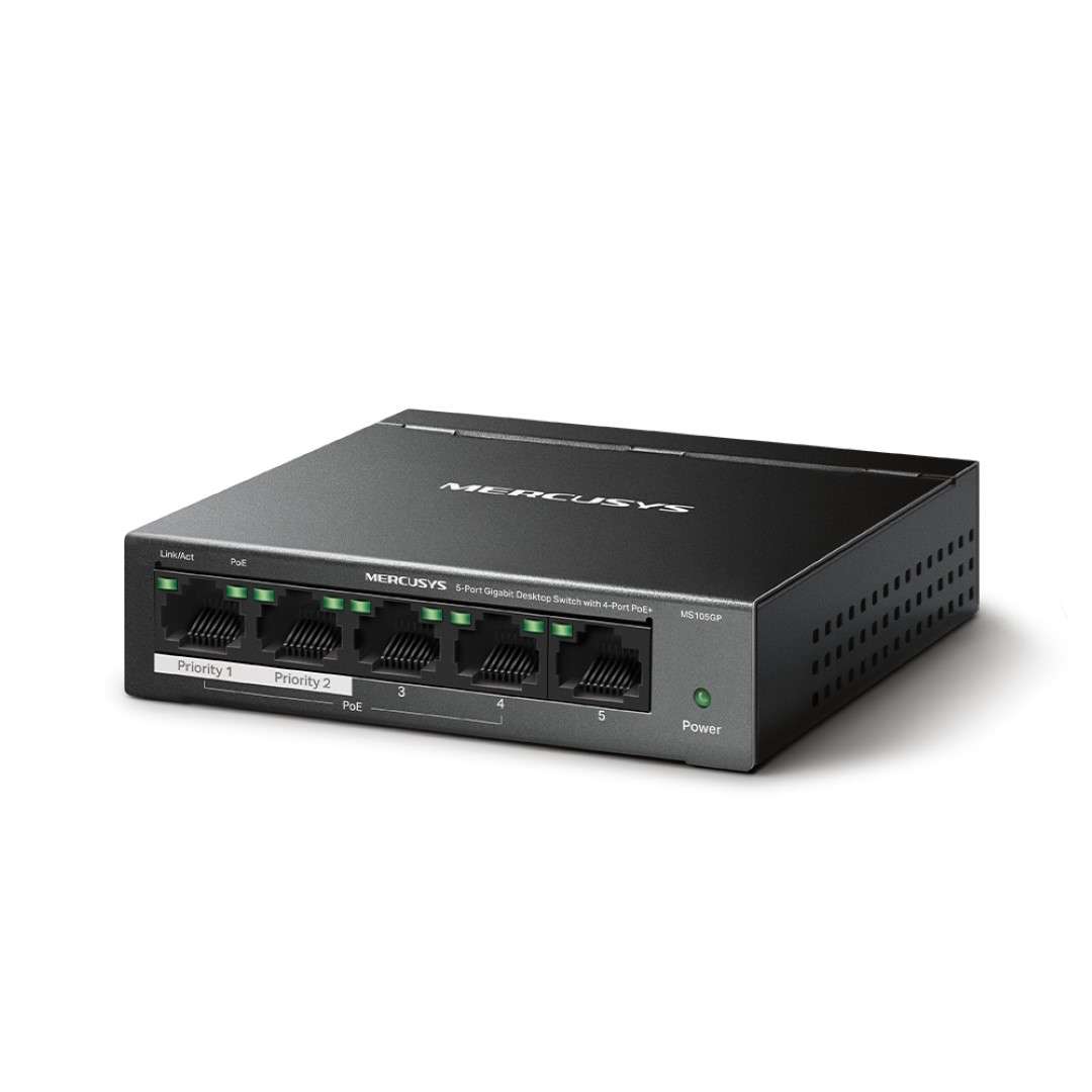 Mercusys - Tp-Link - Mercusys MS105GP 5-Port Gigabit Desktop Switch with 4-Port PoE+ - Mercusys -...