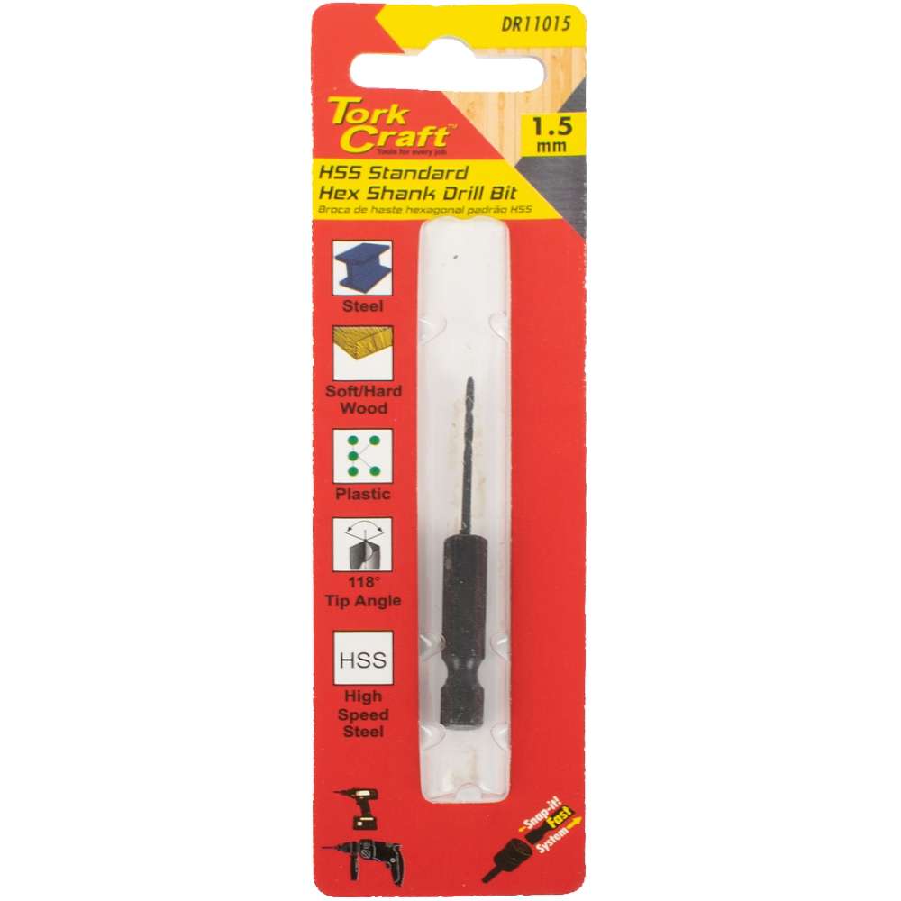 Tork Craft - Drill Bit Hss Standard 1.5mm Hex Shank 1/Card - Tork Craft - Drill Bit Hss Standard ...