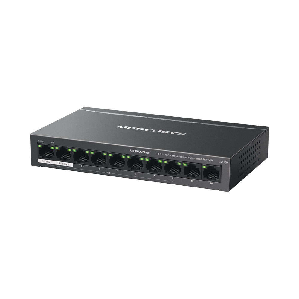 Mercusys - Tp-Link - Mercusys MS110P 10-Port 10/100Mbps Desktop Switch with 8-Port PoE+ - Mercusy...