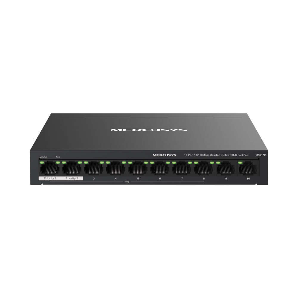 Mercusys - Tp-Link - Mercusys MS110P 10-Port 10/100Mbps Desktop Switch with 8-Port PoE+ - Mercusy...