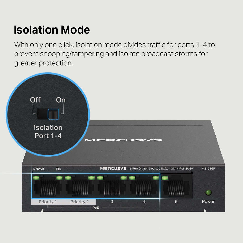 Mercusys - Tp-Link - Mercusys MS105GP 5-Port Gigabit Desktop Switch with 4-Port PoE+ - Mercusys -...