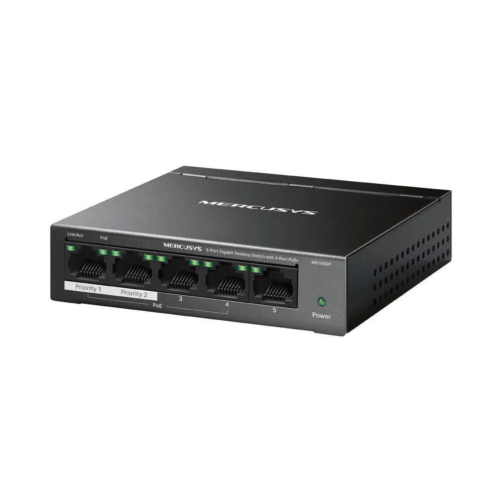 Mercusys - Tp-Link - Mercusys MS105GP 5-Port Gigabit Desktop Switch with 4-Port PoE+ - Mercusys -...