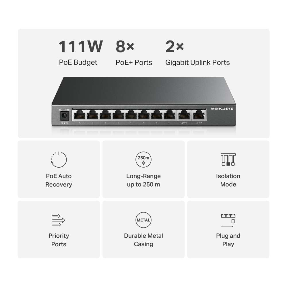 Mercusys - Ms110Gmp 10-Port Gigabit Desktop Switch With 8-Port Poe+ - Mercusys - Ms110Gmp 10-Port...