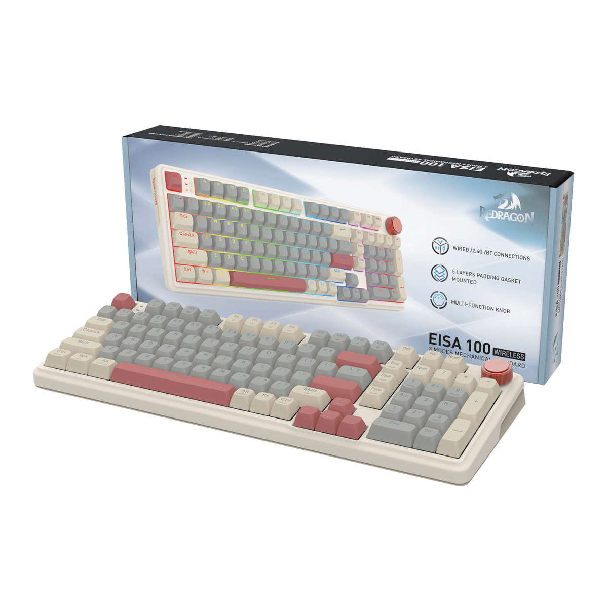 Redragon - Eisa 100 Retro RGB Wireless Mechanical Keyboard - Cream/Grey - Redragon - Eisa 100 Ret...