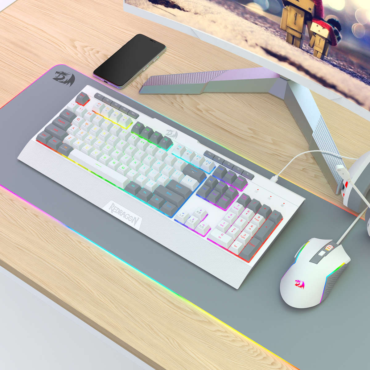 Redragon - S151 Wired RGB Gaming Keyboard and Mouse Combo - White and Grey - Redragon - S151 Wire...