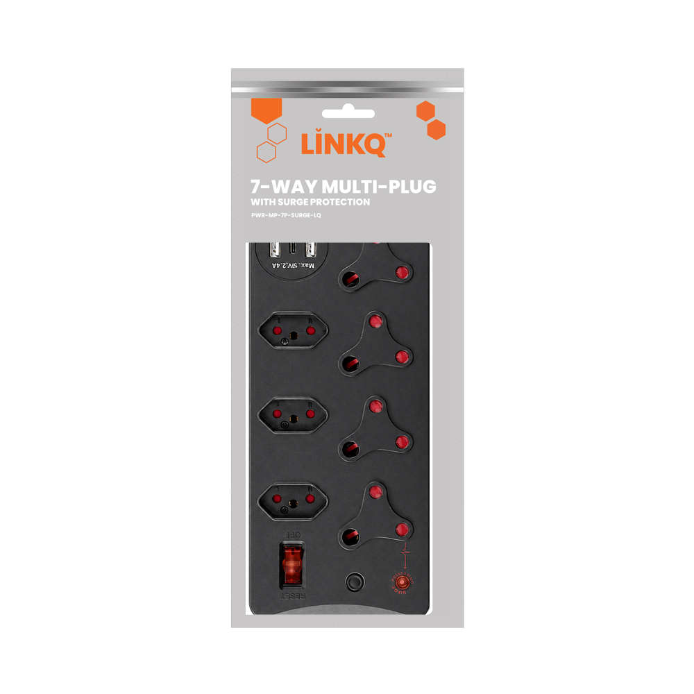 LinkQnet - 7-Port Multiplug With Surge Protection And USB Charging - Black - LinkQnet - 7-Port Mu...